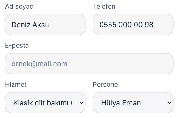 Online randevu formu: ad soyad, telefon, e-posta, hizmet ve personel seçimi, örnek veri
